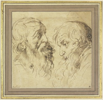 Hoja de estudio: Dos cabezas con barba de perfil, una hacia la derecha y otra hacia la izquierda de Peter Paul Rubens