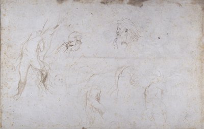 Estudios de una figura masculina atada a un árbol y de dos cabezas masculinas, c.1601 de Peter Paul Rubens