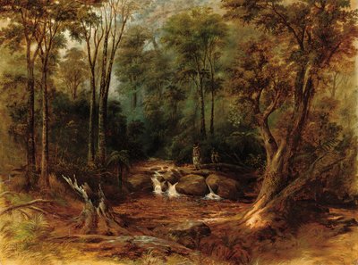 Maoríes cruzando un arroyo en el bosque, 1887 de Peter Power