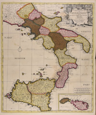 Continentis Italiae pars australior sive regnum Neapolitanum Hispaniae obediens subdivisum in suos districtus terras atque principatus quibus adjectae Sicilia in valles tripartita et contra Turcas ejus propugnaculum Malta insula de Peter Schenk the Elder