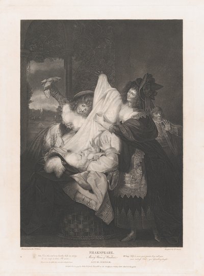Falstaff en la canasta de ropa Shakespeare, Las alegres comadres de Wi..., primera publicación 1793, reeditado 1852 de Peter Simon