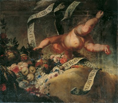 Putto con flores, frutas y pancarta de Peter Strudel