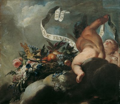 Dos amorcillos con flores, frutas y una pancarta. de Peter Strudel