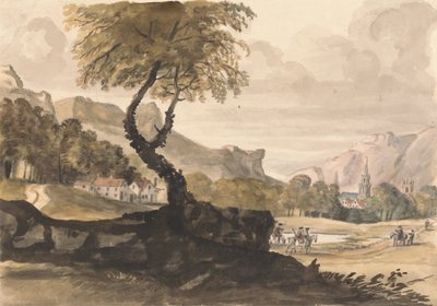 Escena montañosa con pueblo y jinete de Peter Tillemans