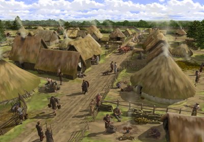 Pueblo de la Edad de Hierro en Silchester, desde el norte hacia la entrada sur, c. 1990-2010 de Peter Urmston