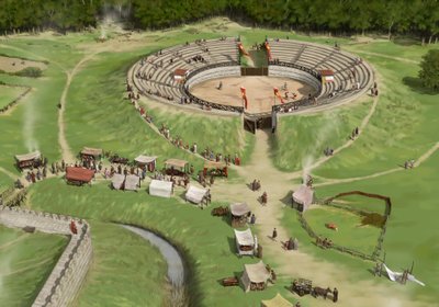 Espectadores llegan al anfiteatro de la ciudad romana de Silchester c. 250 d.C., c. 1990-2010 de Peter Urmston