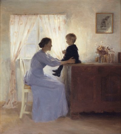 Una madre y un niño en un interior de Peter Vilhelm Ilsted