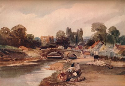 Un pueblo en un río, con puente y ruinas, c1824 de Peter de Wint