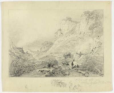 Figuras y carro de caballos en un paisaje con acantilados de Peter de Wint