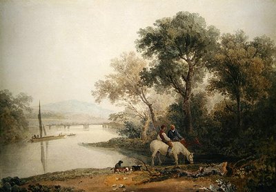 Rústicos dando de beber a sus caballos en la orilla de un río, una torre al fondo de Peter de Wint