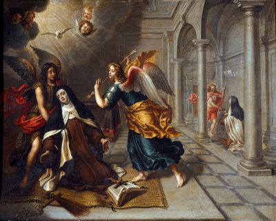 Santa Teresa de Ávila (del Niño Jesús) (1515-1582) se encuentra con el ángel que le atraviesa el corazón con su dardo dorado de Peter van Lint