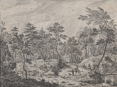 Paisaje forestal con un jinete conversando con un hombre en el centro, un puente peatonal a la derecha, 1716 de Peter von Bemmel