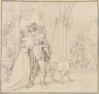 Siete dibujos de los Nibelungos: 4. Siegfried preparado para la caza. 1812-17 de Peter von Cornelius