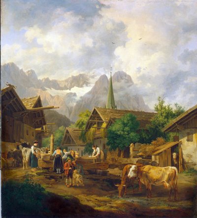 Mañana en Partenkirchen (Alemania) - Pintura de Peter von Hess (1792-1871), óleo sobre tabla de Peter von Hess
