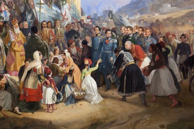 La entrada del rey Othon I de Grecia (1815-1876) a Atenas, recibido por la multitud frente al templo de Hefesto (Hephaisteion) o Theseion en el Ágora (Grecia) de Peter von Hess