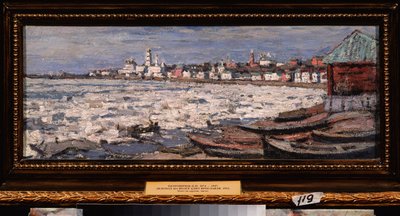 Deriva de hielo en el Volga, cerca de Yaroslavl (Rusia). Obra de Piotr Ivanovich Petrovichev (Piotr Petrovitchev) (1874-1947), óleo sobre cartón de Petr Ivanovic Petrovichev