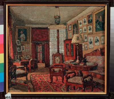 La sala de lectura de la E. Boratynsky (Yevgeny Baratynski) (1800-1844). Pintura de Pyotr Ivanovich Petrovichev (Pyotr Petrovitchev) (1874-1947), óleo sobre lienzo de Petr Ivanovic Petrovichev