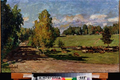 Descansando en la pradera. (Rebaño de ganado cerca de un arroyo, cruzando un campo de pastos). Obra de Pyotr Ivanovich Petrovichev (Pyotr Petrovitchev) (1874-1947), óleo sobre tabla de Petr Ivanovic Petrovichev
