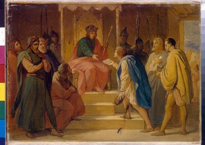 El Gran Príncipe Andrei Bogolyubsky (1111-1174) recibe a los artesanos enviados por el Emperador del Sacro Imperio Romano Germánico de Alemania, Federico I de Hohenstaufen, conocido como Barbarroja (1122-1190) (El Gran Príncipe Andrei Bogolyubsky recibe a  de Petr Vasilievich Basin