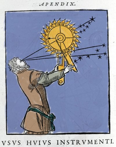 Dibujo de Apianus (1539) usando un dispositivo para calcular el tiempo en relación con las estrellas por la noche. Cosmographia de Pietro Apiano, París 1551 de Petrus Apianus