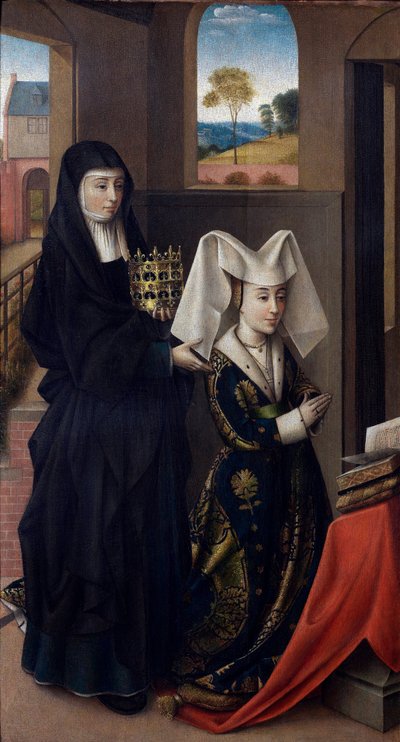 ""Retrato de Isabel de Portugal (1397-1471) representada con Santa Isabel"" (Isabel de Portugal con Santa Isabel) Pintura de Petrus Christus (1410/20-1475/76) - 1457-1460 - Óleo sobre tabla Dim 59x33 cm Museo Groeninge, Brujas de Petrus Christus