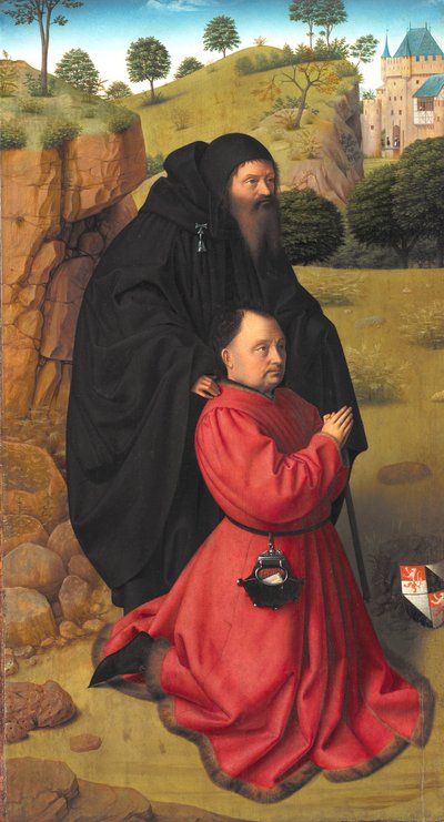 Panel del altar con un retrato de un donante en escarlata bajo la protección de San Antonio de Petrus I Christus
