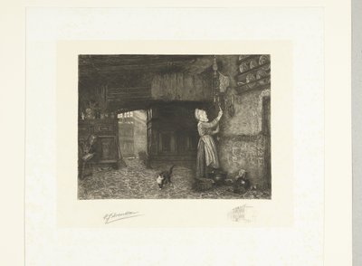 Mujer dando cuerda a un reloj de pared de Petrus Johannes Arendzen