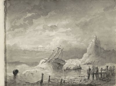 Barco en peligro frente a una costa de Petrus Johannes Schotel (circle of)