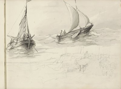 Dos veleros con figuras en el mar de Petrus Johannes Schotel (circle of)
