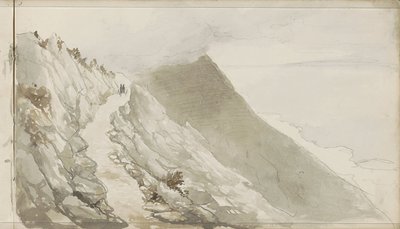 Figuras en un camino a lo largo de una orilla rocosa de Petrus Johannes Schotel