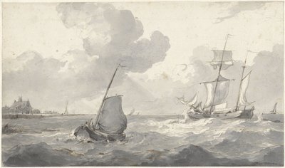 Doble máster y barco de pesca en la costa de Petrus Johannes Schotel
