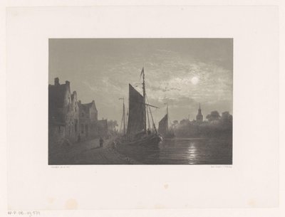 Veleros a lo largo de un muelle a la luz de la luna de Petrus Paulus Schiedges (I)