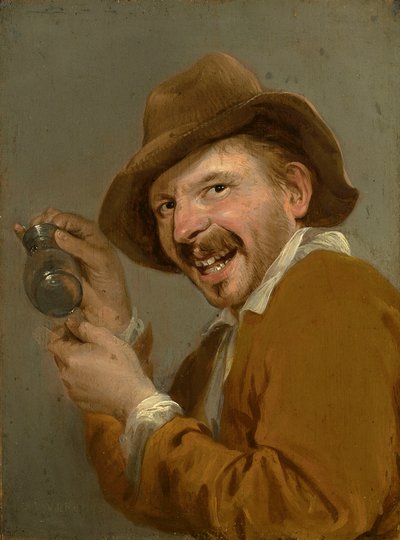 Gusto: Un hombre que ríe con un vaso volteado. De la serie Personificaciones de los cinco sentidos, c.1635-66 (óleo sobre madera) de Petrus Staverenus