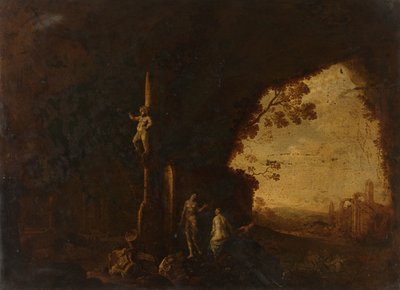 Ninfas en una cueva con ruinas antiguas de Petrus van Hattich