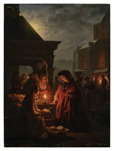 El Groenmarkt de La Haya de noche de Petrus van Schendel