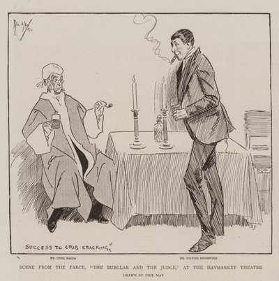 Escena de la Farsa, El Ladrón y el Juez, en el Teatro Haymarket de Phil May