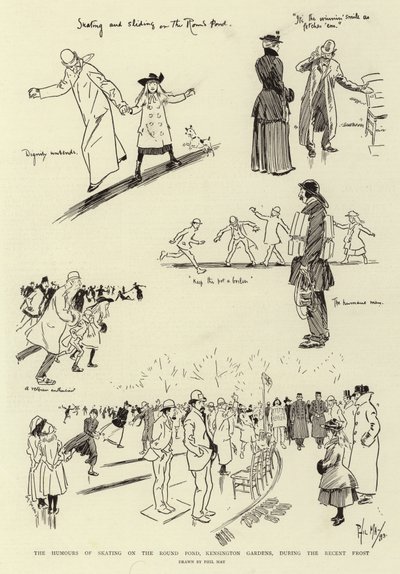 El humor del patinaje en el Round Pond, Kensington Gardens, durante la reciente helada de Phil May