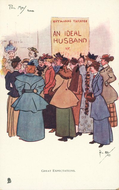 Mujeres reunidas fuera de un teatro para ver una producción de Un marido ideal de Phil May