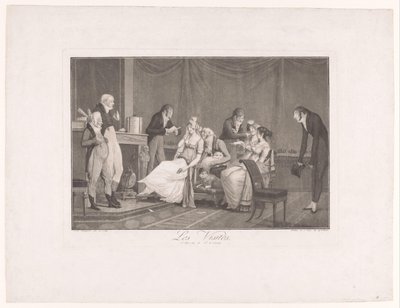 Compañía de mujeres y hombres jóvenes en un interior. Les Visites (título sobre el objeto) de Philibert Louis Debucourt