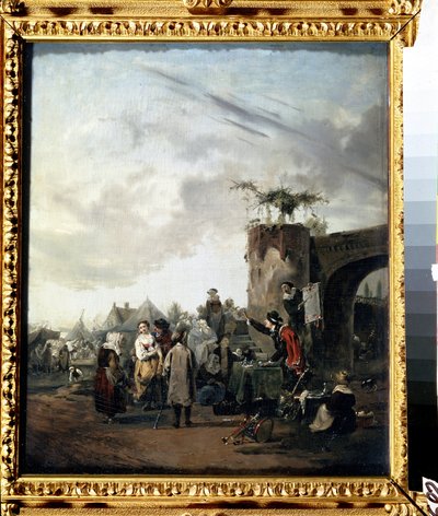 ""El charlatán"" Un impostor instalado en la plaza de un pueblo llama a los habitantes a comprar pastillas milagrosas. Pintura de Philibert Louis Debucourt (1755-1832) circa 1780 Museo Pushkin de Moscú de Philibert Louis Debucourt