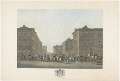 Banda en la toma de posesión de Guillermo I en Bruselas el 21 de septiembre de 1815 Doce láminas de la llegada e inauguración de Guillermo I en Bruselas y las batallas de Quatre-Bras y Waterloo en 1815 (título de la serie) de Philibert Louis Debucourt