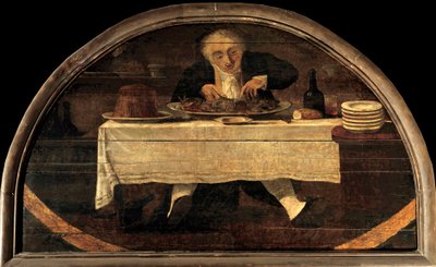 El goloso enseña a Corcellet comestibles una vez en el palacio real. Un hombre en la mesa come un plato de mariscos de Philibert Louis Debucourt