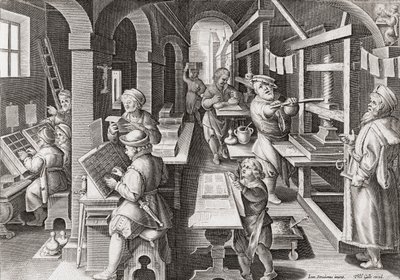Una imprenta europea hacia 1590 (grabado) de Philip (after) Galle