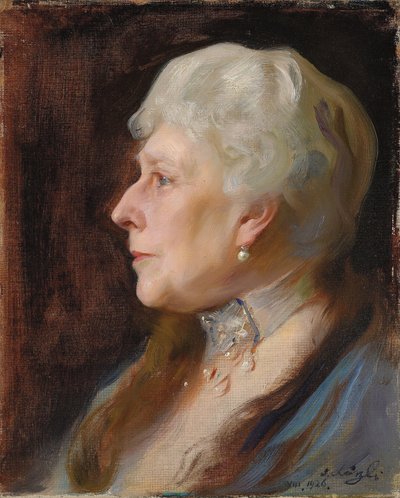 Retrato de la princesa Enrique de Battenberg, de soltera la princesa Beatriz de Gran Bretaña, de perfil a la izquierda, con una gargantilla y pendientes de gota de Philip Alexius de Laszlo