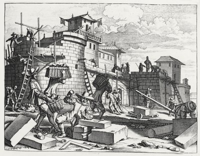 Prisioneros de guerra portugueses construyen un fuerte cerca de Kandy (grabado) de Philip Baldaeus