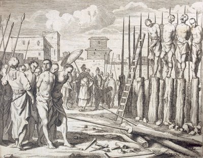 La empalación de algunos rebeldes, Castigo: Masacre por empalamiento, pub. 1672 de Philip Baldaeus
