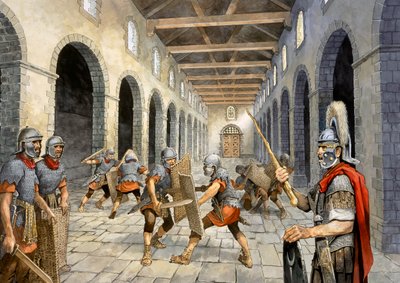 Infantería romana practicando combate, siglo III, c1990-2010 de Philip Corke