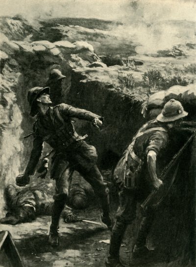 El teniente Forshaw lanzando bombas continuamente, Gallipoli, Primera Guerra Mundial, 1915, c1920 de Philip Dadd