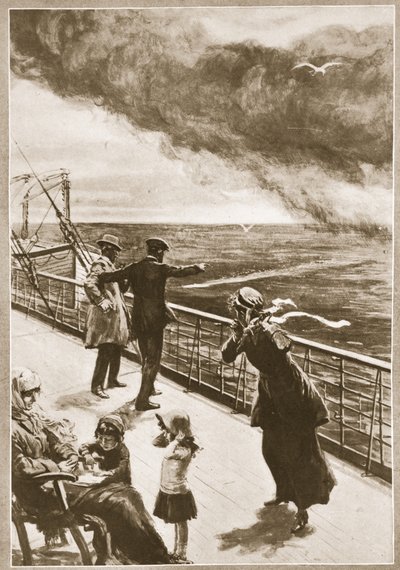 Asesinato en alta mar: Primera vista del torpedo (litografía) de Philip Dadd