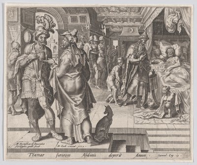Jonadab aconsejando a Amnón, de La historia de Tamar y Amnón, placa 1, 1559 de Philip Galle